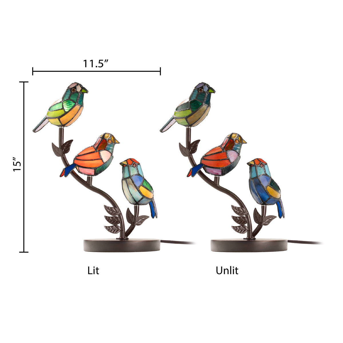 15" Tiffany-Style Stained Glass Triple Bird Table Lamp 3BIRD