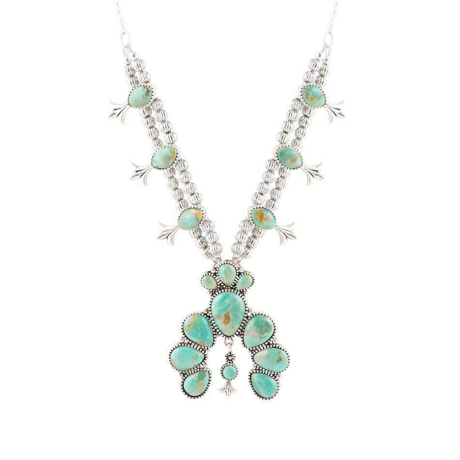 Floral Statement Blue Turquoise and Sterling Silver Necklace SQUAN02T01S