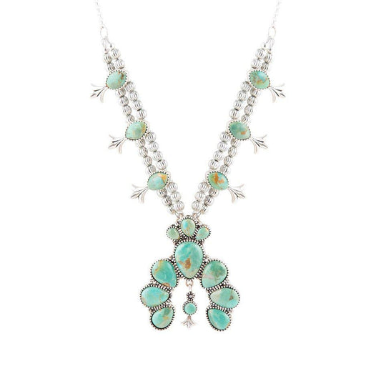 Floral Statement Blue Turquoise and Sterling Silver Necklace SQUAN02T01S