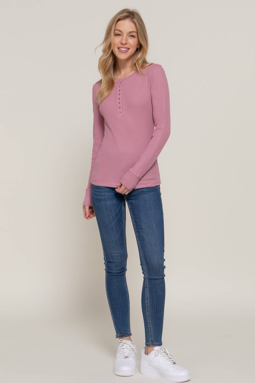 Long Sleeve Henley Thermal Knit Top T11757
