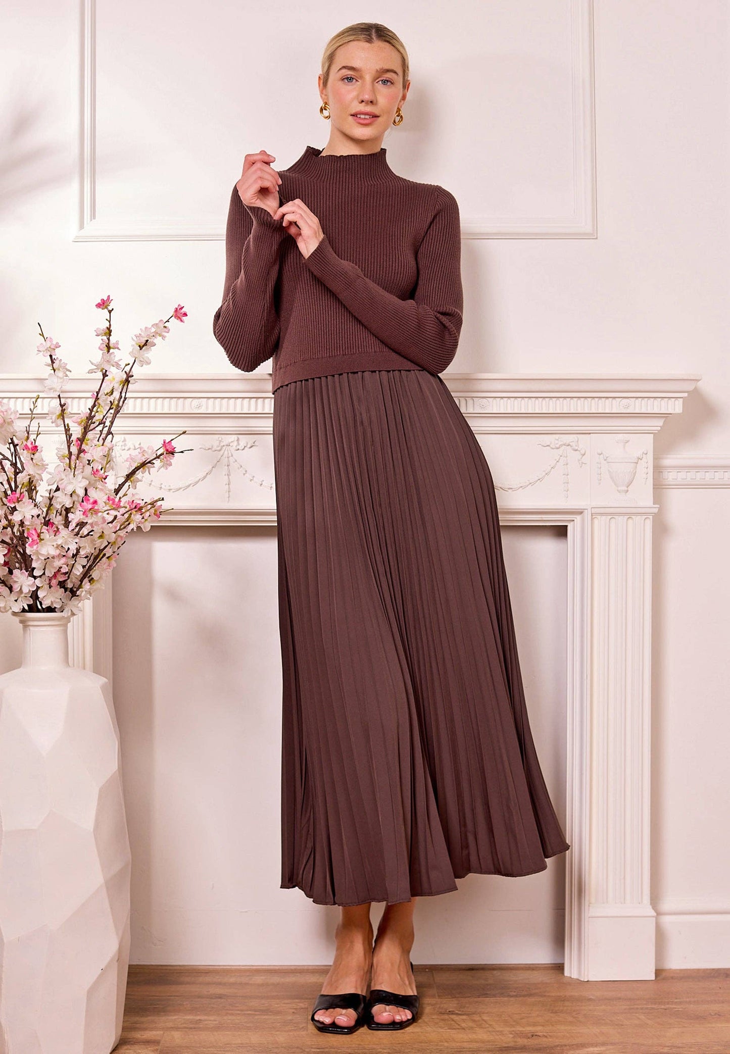 Knit Top and Pleated Skirt Maxi Dress in Brown