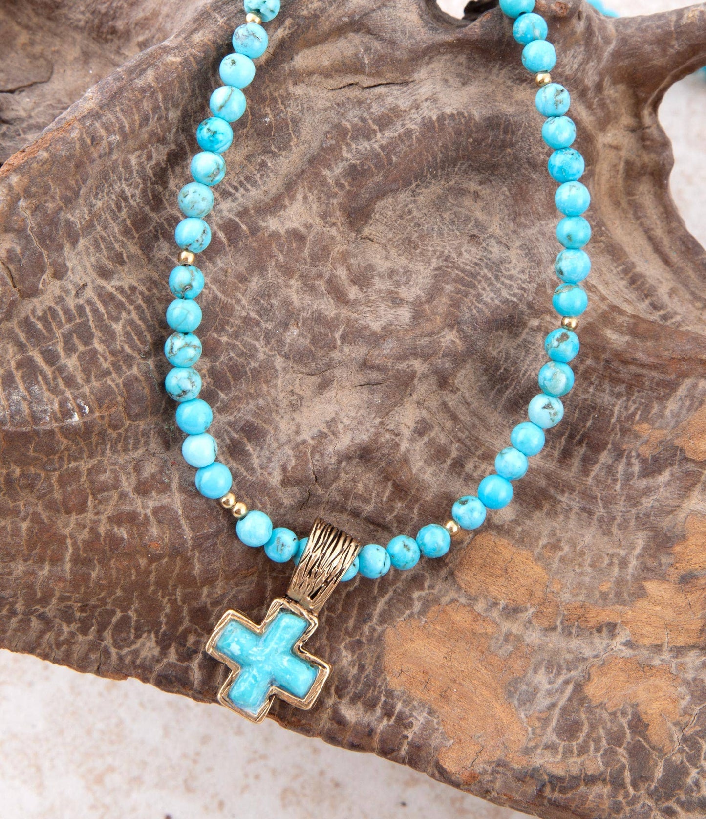 Blue Magnesite Cros Golden Pendant Necklace NECK989T01B