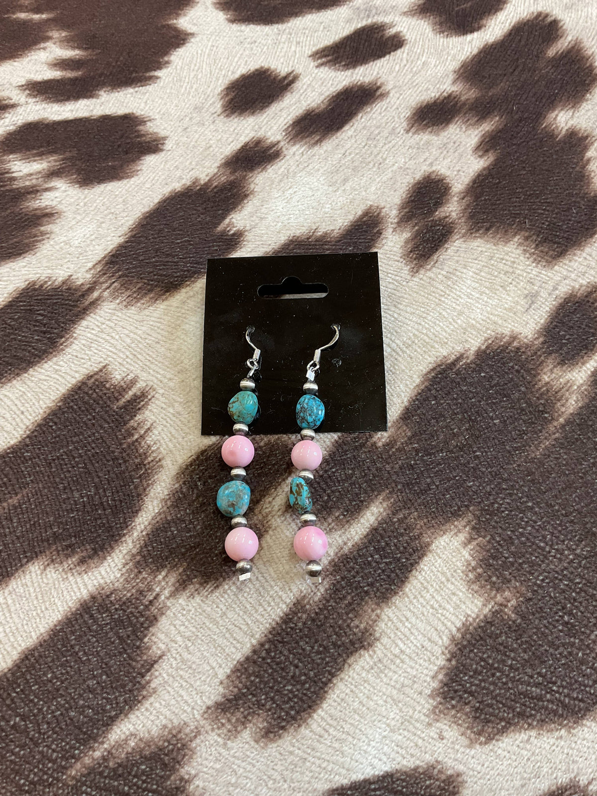 Pink Conch, Turquoise & Sterling Silver Dangle Earrings #318